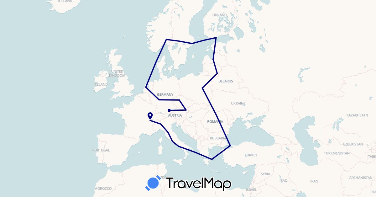 TravelMap itinerary: driving in Austria, Switzerland, Czech Republic, Germany, Estonia, Finland, Greece, Italy, Lithuania, Latvia, Netherlands, Norway, Poland, Sweden, Turkey (Asia, Europe)