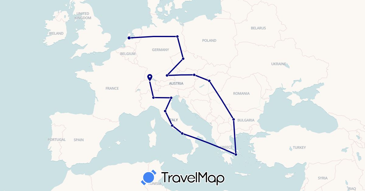 TravelMap itinerary: driving in Austria, Bulgaria, Switzerland, Czech Republic, Germany, Greece, Hungary, Italy, Netherlands (Europe)